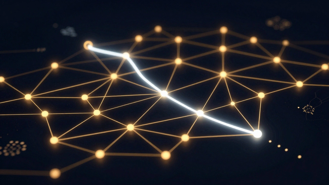 Glowing network diagram illustrating blockchain fund tracing