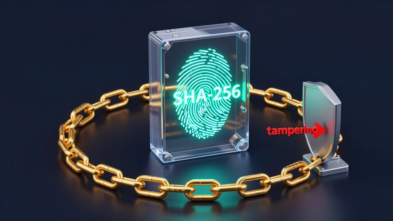 Golden chain protecting a hard drive with glowing cryptographic hash