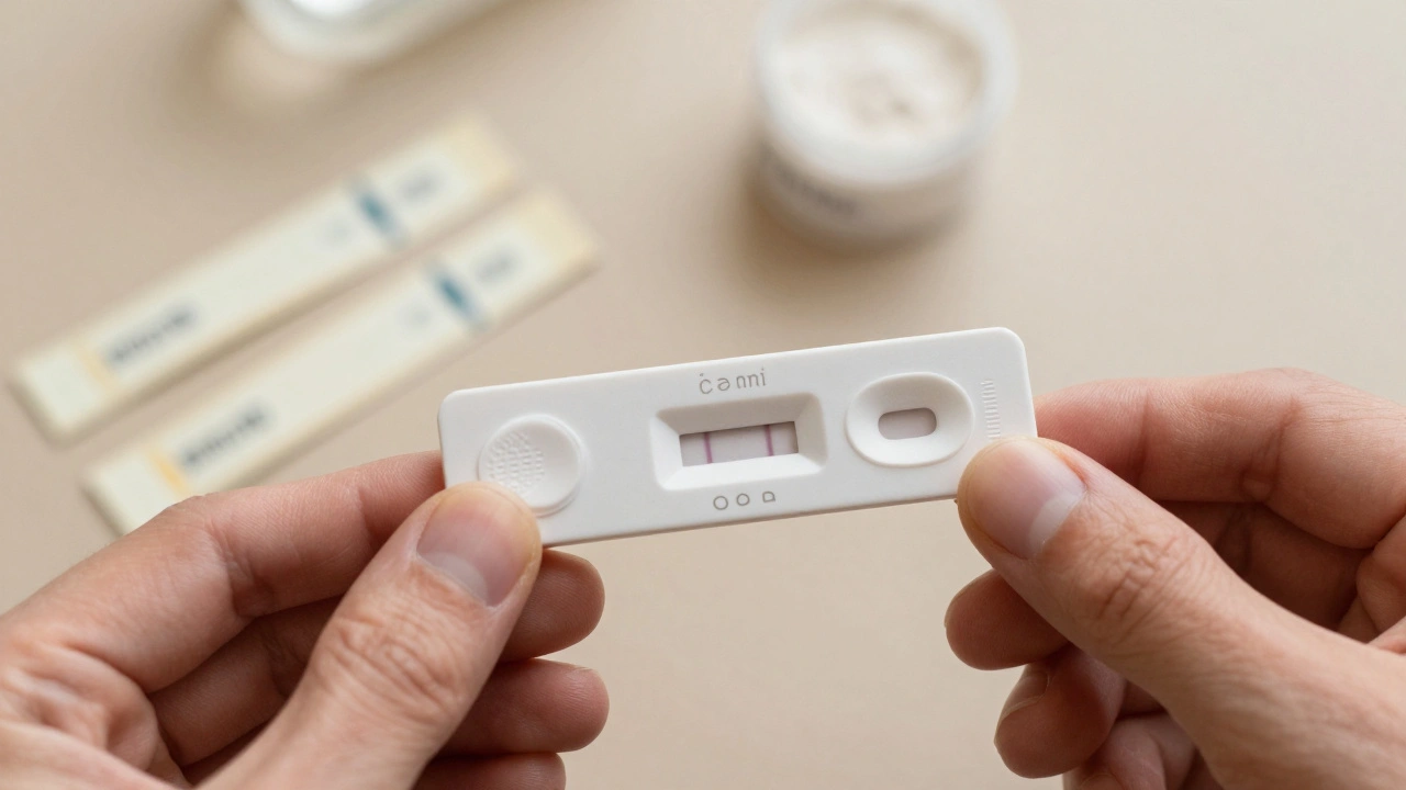 Hand holding a positive lateral-flow test strip for drug adulterants.