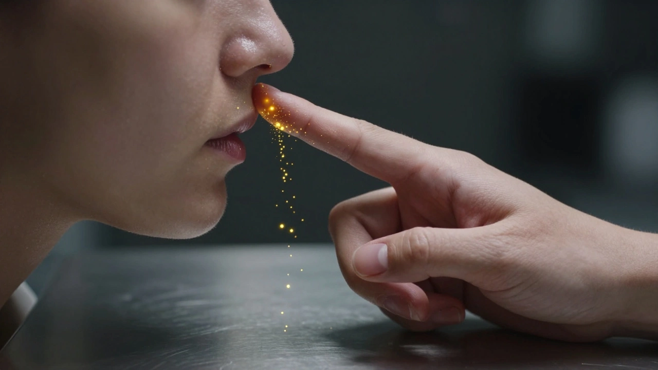 Hand touching face transfers glowing DNA particles to fingertips.
