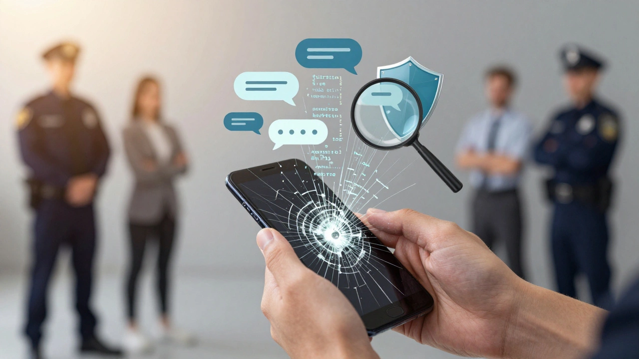 Hands holding phone with data turning into protective shields