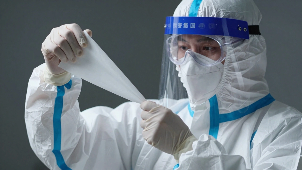 Healthcare worker wearing full PPE and face shield in a clinic.