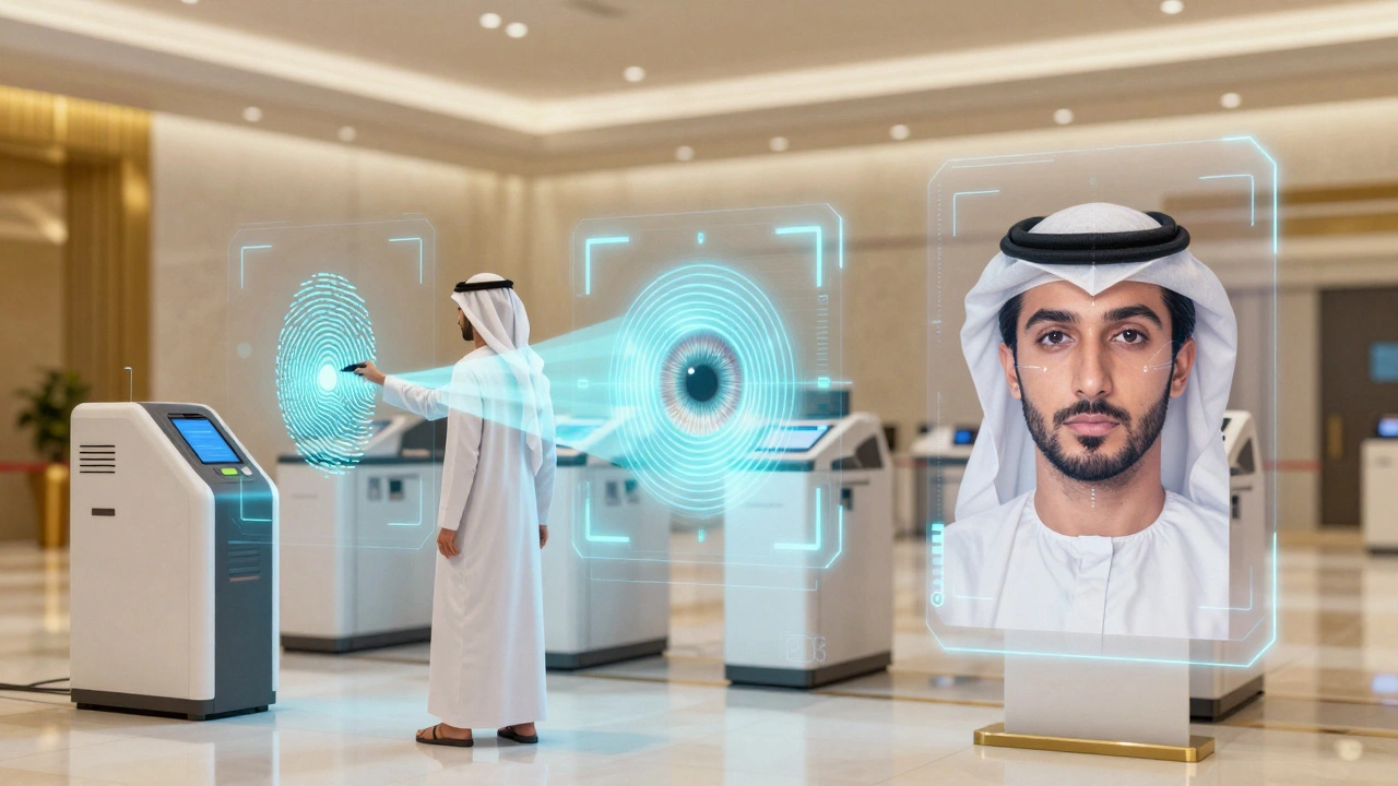 Holographic biometric scanning interface showing fingerprint, iris, and face analysis