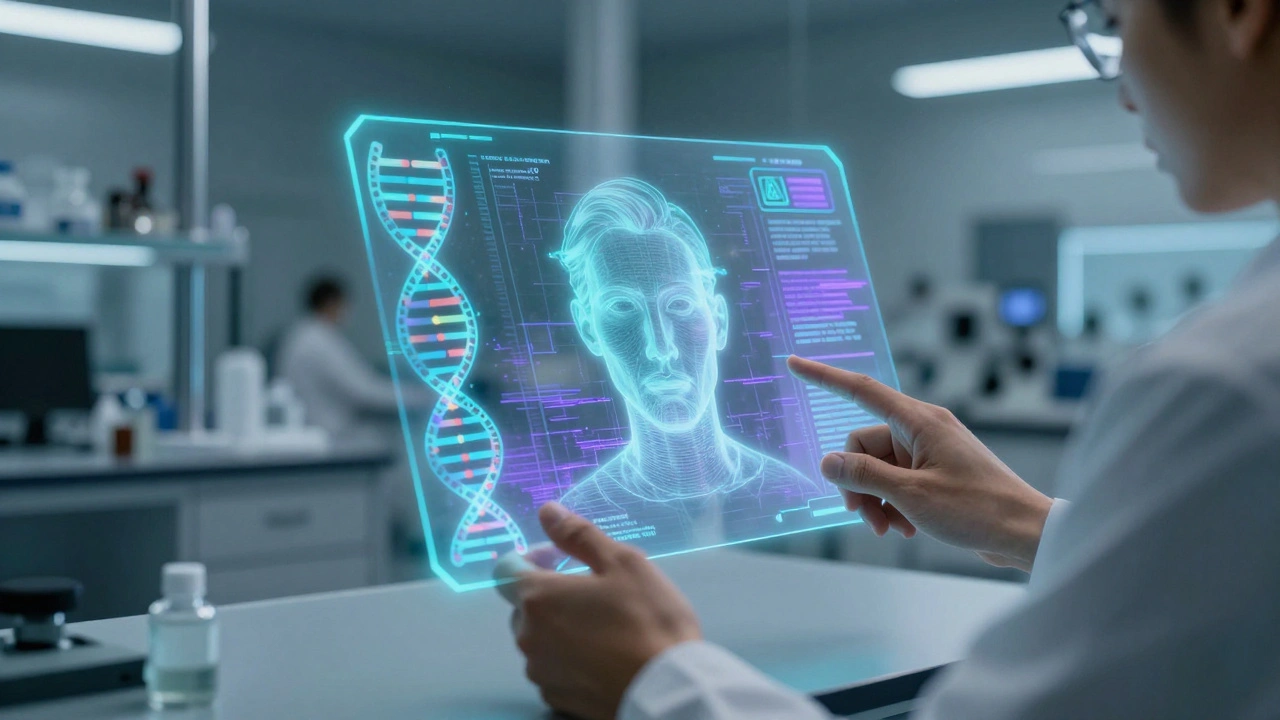 Holographic DNA and AI data in a futuristic lab illustrating forensic tech ethics.