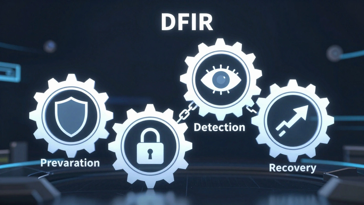 Holographic gears illustrating DFIR investigation phases
