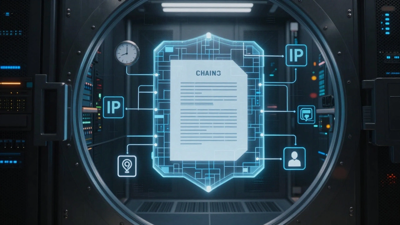 Holographic shield protecting a document with audit trail elements in a server room