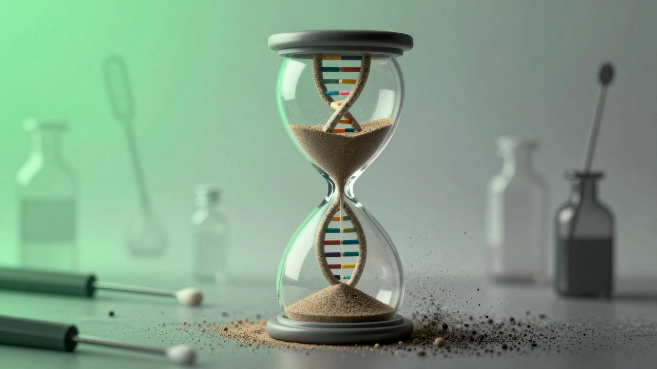 Hourglass metaphor showing DNA turning from structured to fragmented over time.