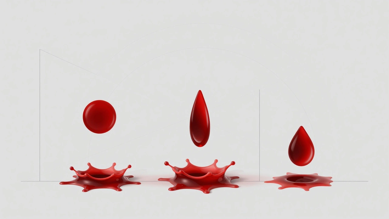 Illustration comparing circular, oval, and spattered bloodstains from different impact angles.