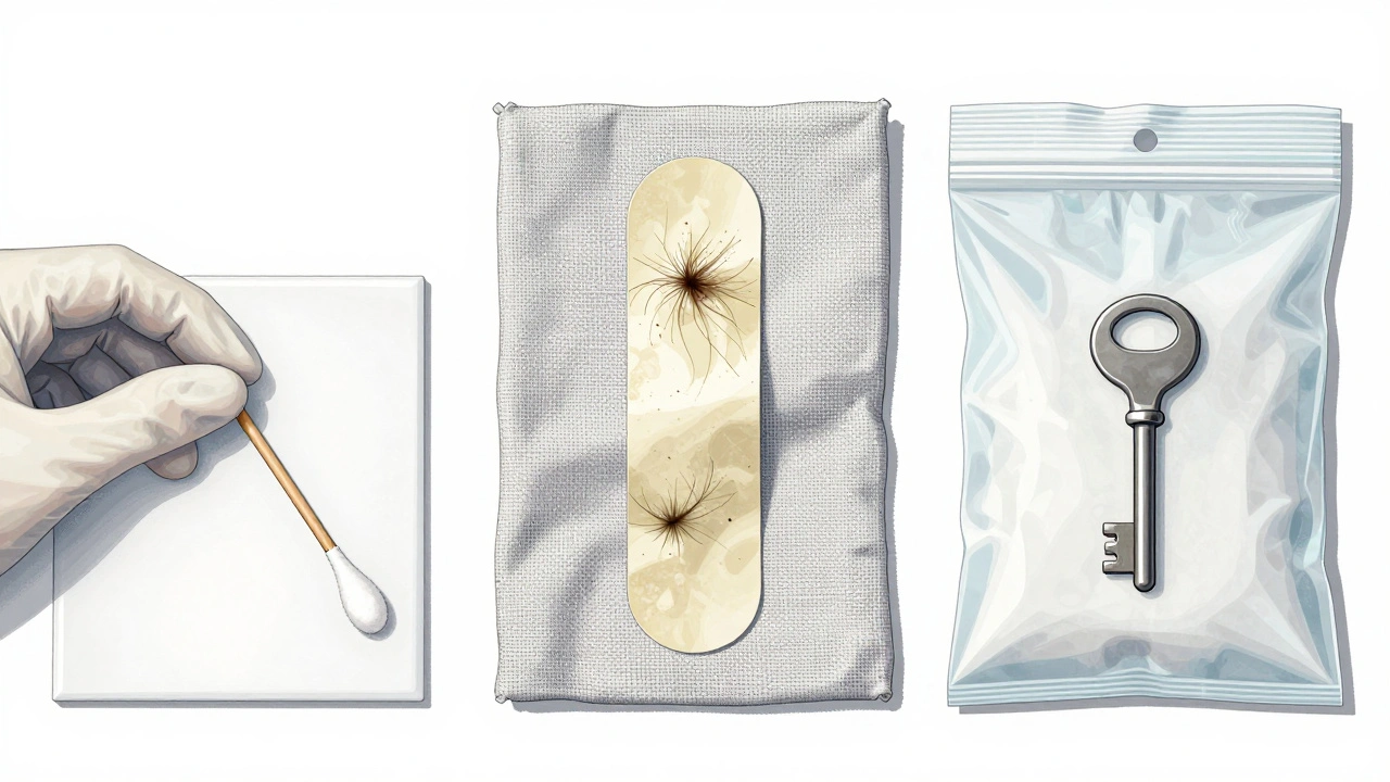 Illustration comparing swabbing, tape-lifting, and direct submission for DNA collection.