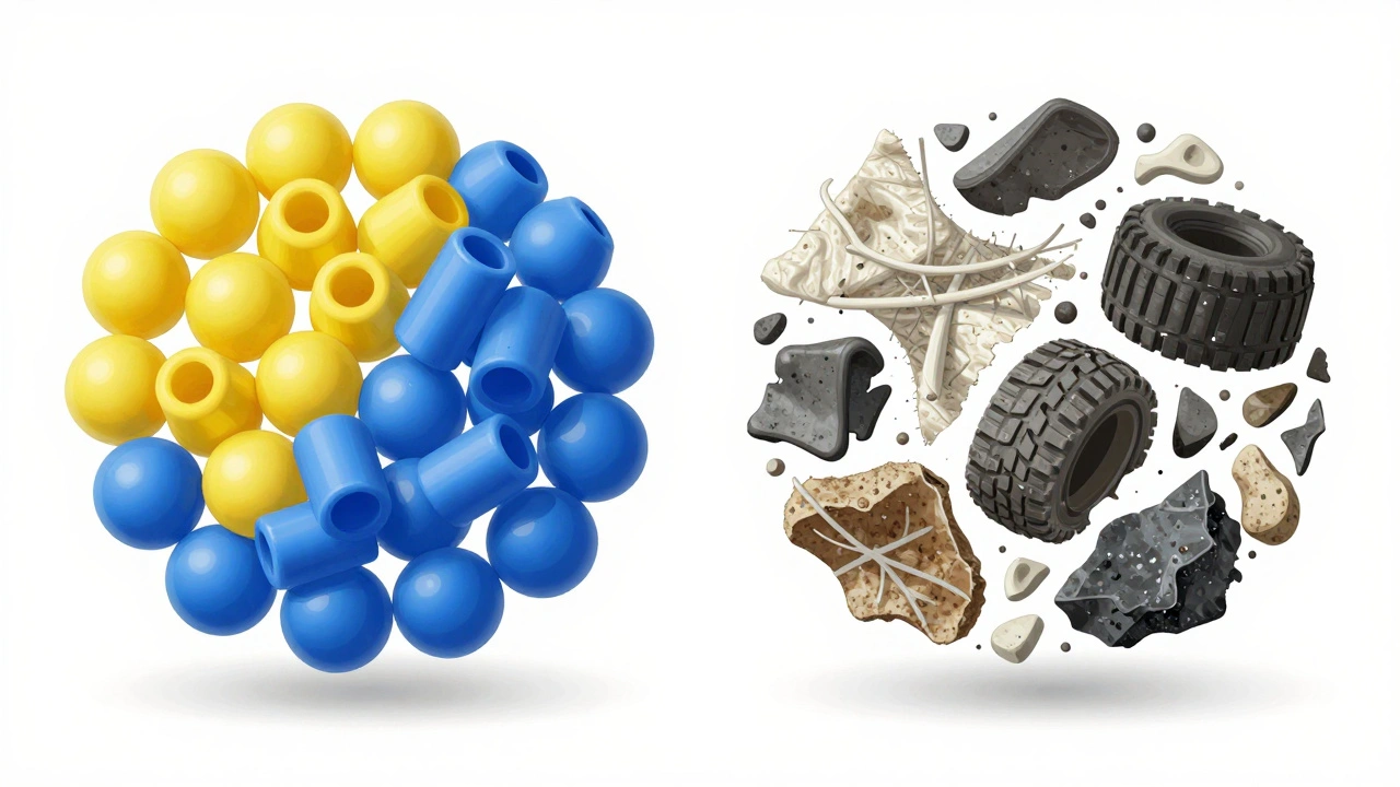 Illustration comparing uniform primary microplastics with fragmented secondary ones.