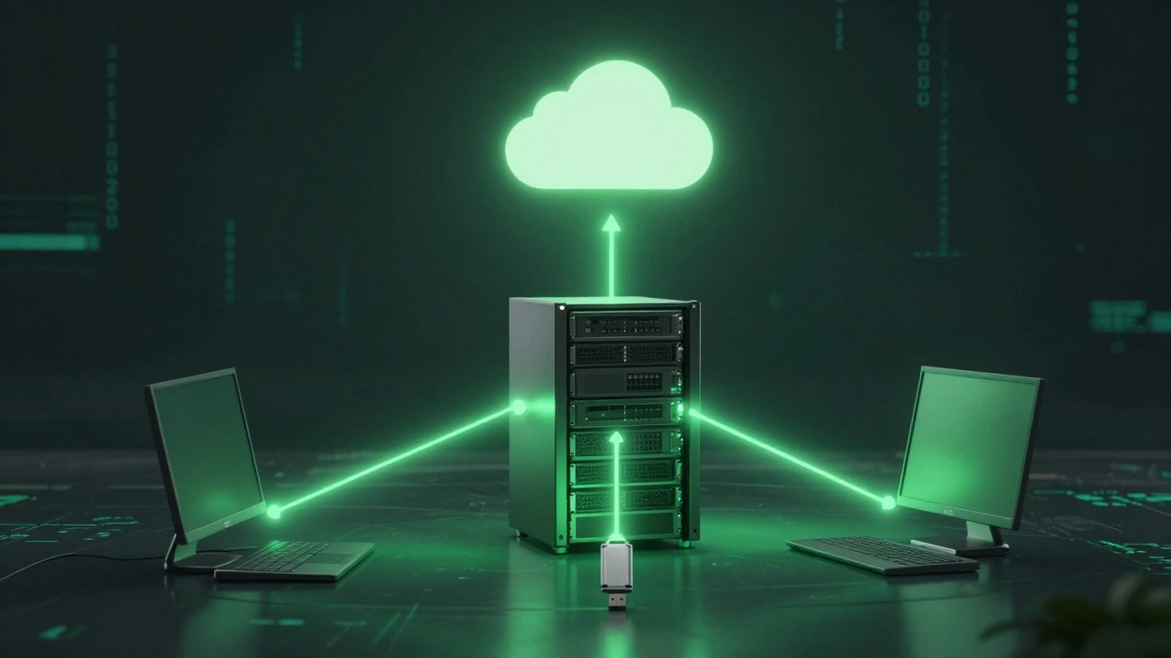 Illustration of the 3-2-1 backup rule connecting local, external, and cloud storage