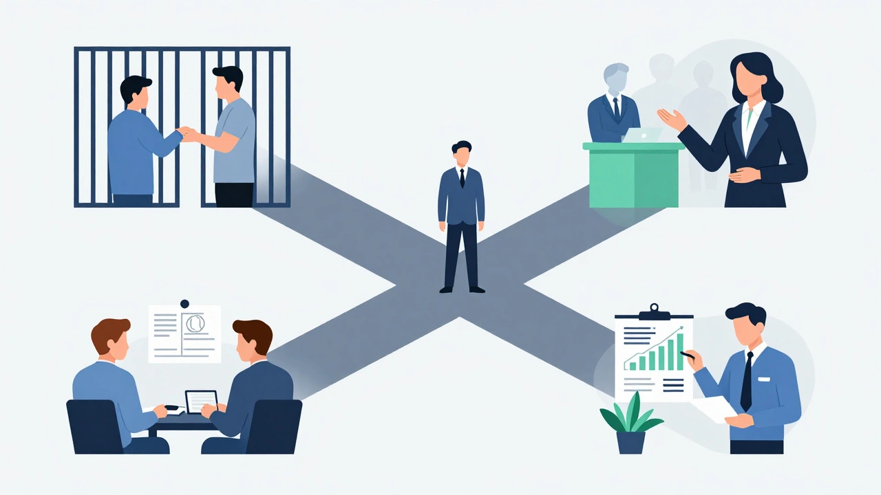 Illustration showing diverse forensic psychology career paths like counseling and advocacy.