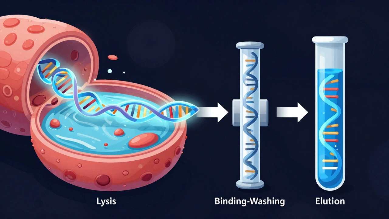 Illustration showing the four steps of DNA extraction: lysis, binding, washing, and elution