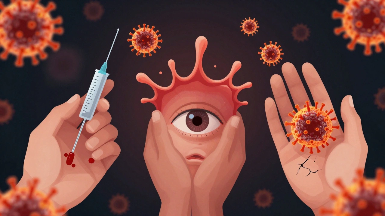 Illustration showing virus transmission via needlestick, splash, and skin.