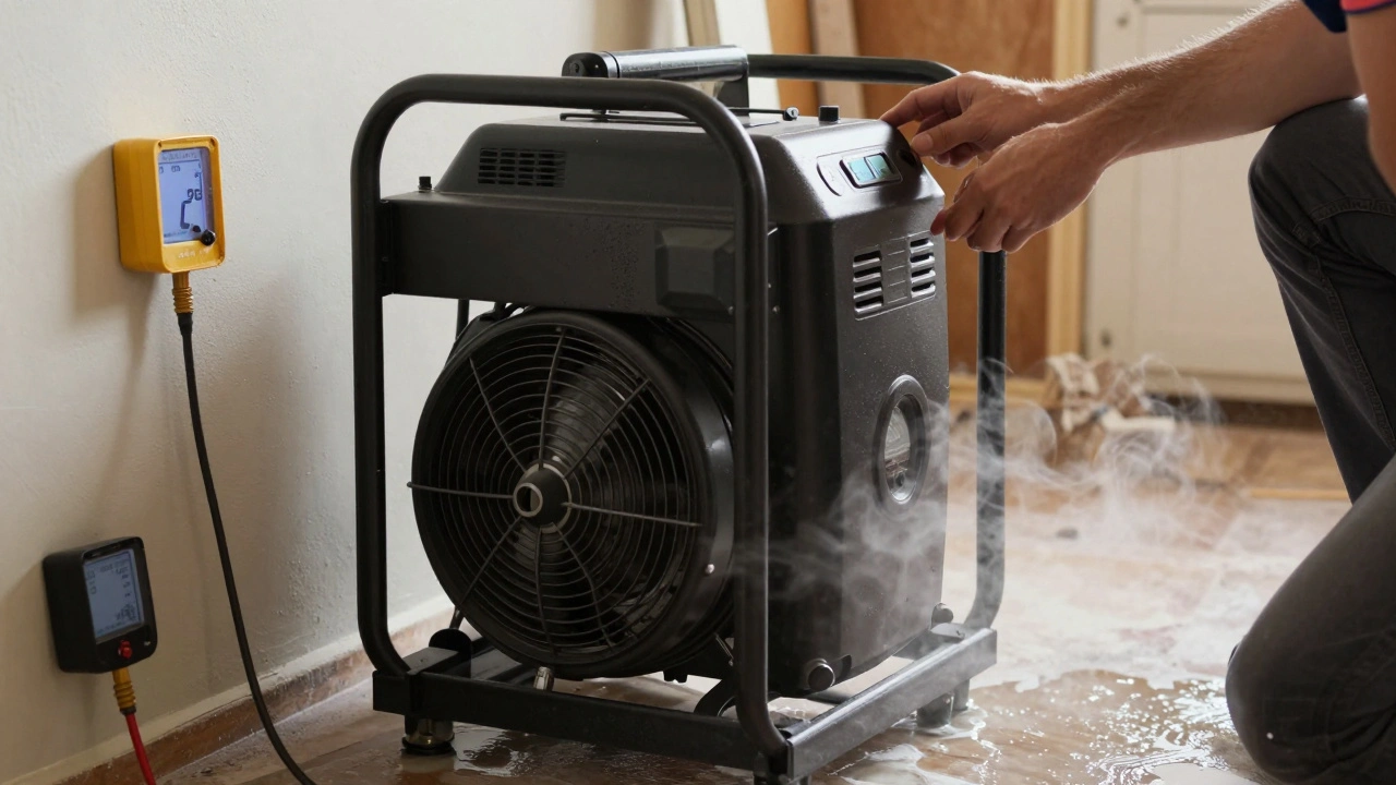 Industrial dehumidifiers and air movers drying damaged walls