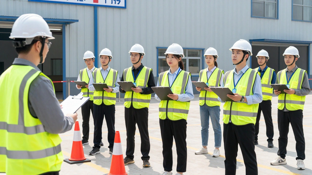 Industrial workers in safety gear practicing organized perimeter control and accountability drills.