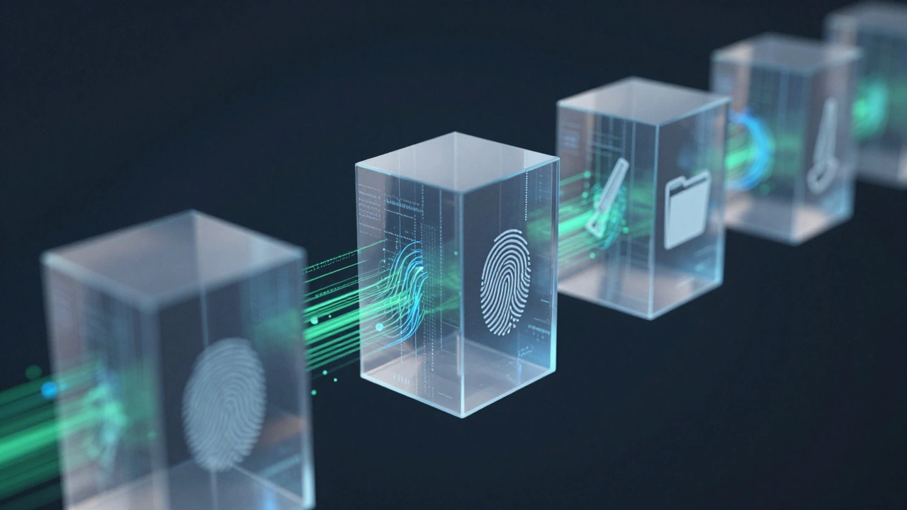Interlocking transparent blocks with data streams representing secure blockchain evidence logs.