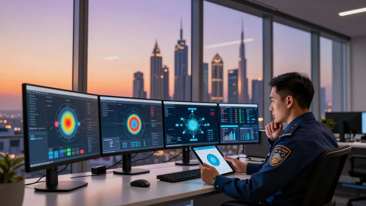 Investigator analyzing crypto data with Dubai skyline view