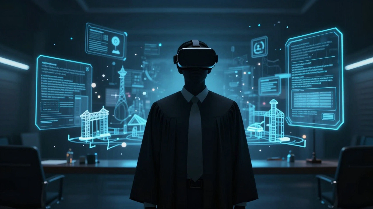 Juror using VR headset to view holographic crime scene reconstruction