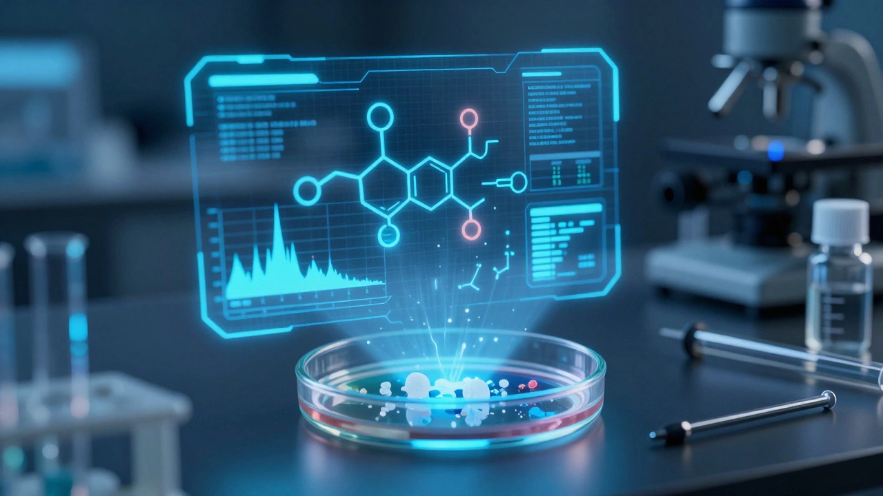 Lab scene showing holographic chemical analysis of microplastic particles.