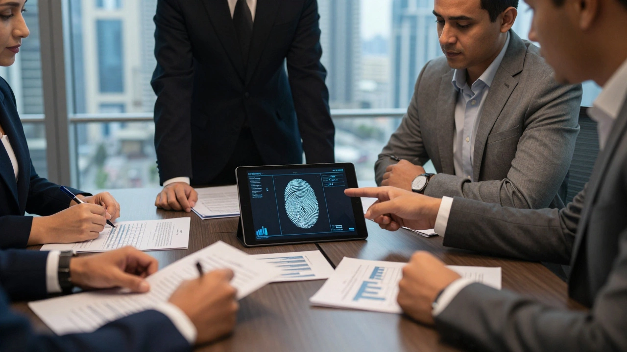 Legal team reviewing digital fingerprint evidence and charts in a modern office.