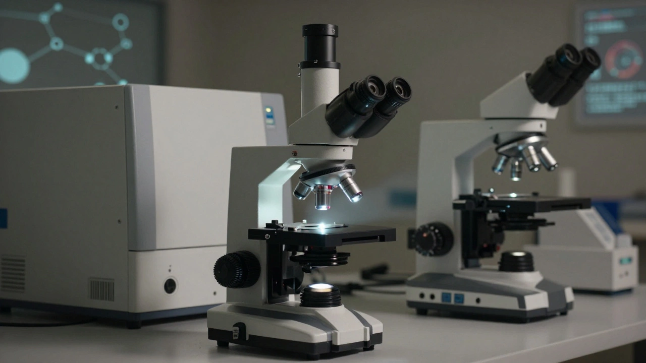 Light microscope in foreground with mass spectrometer in background