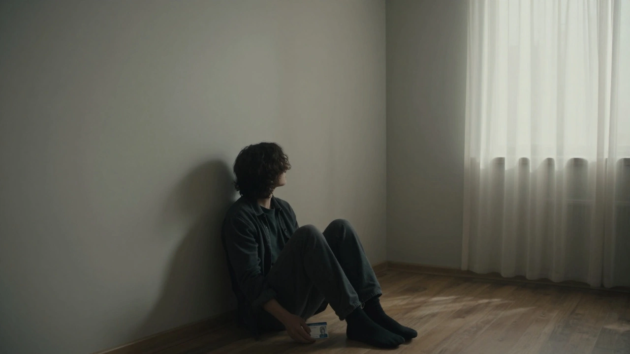 Lonely figure in empty apartment holding ID, symbolizing lost identity in WITSEC.