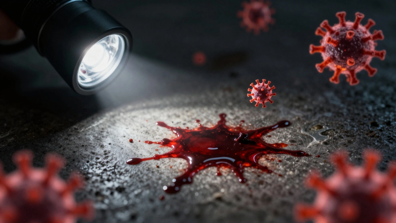Macro view of dried bloodstain with glowing virus particles indicating biohazard