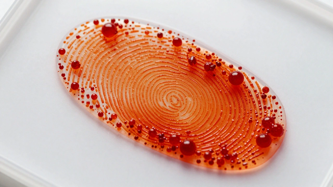 Macro view of red dye binding to lipid ridges of a fingerprint on plastic