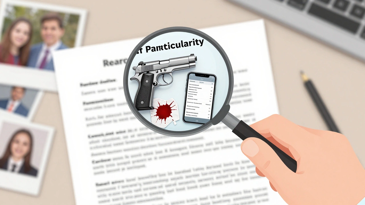 Magnifying glass revealing specific evidence items on a legal search warrant document.