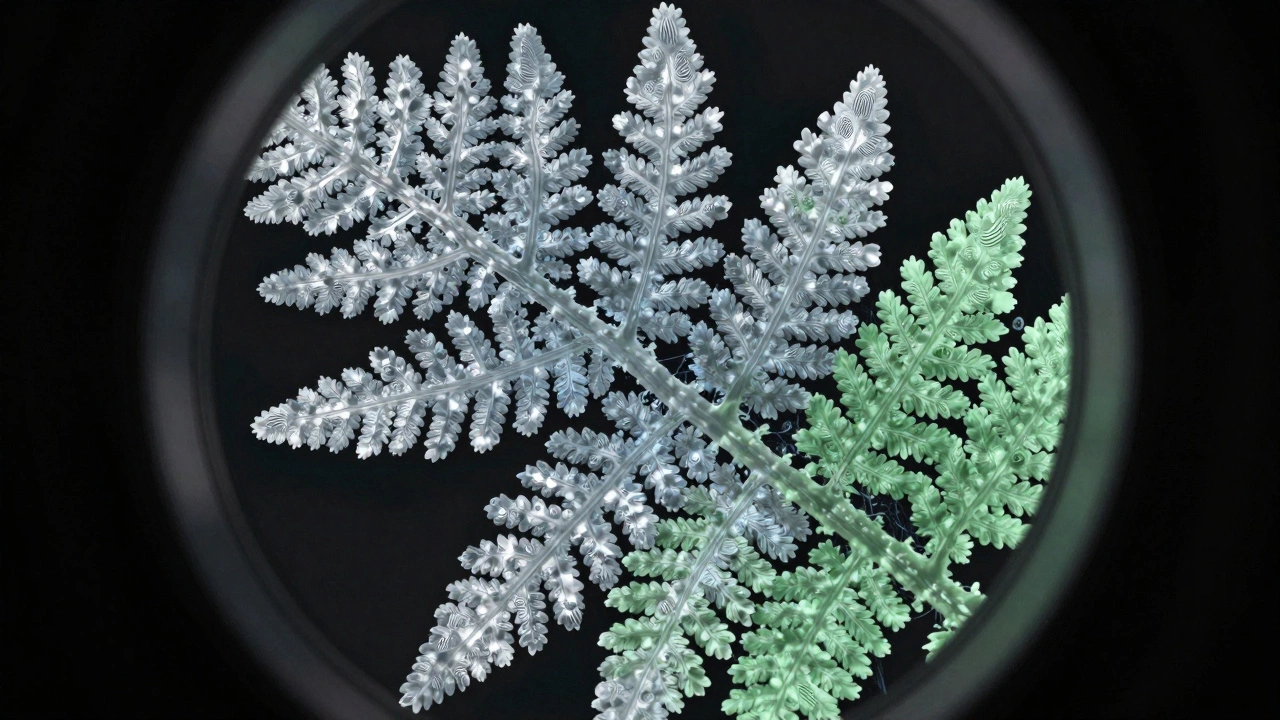 Microscopic view of intricate fern-like drug crystals in silver and blue