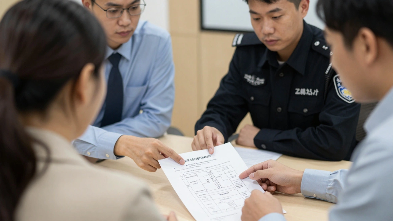 Multidisciplinary team reviewing structured risk assessment charts in a professional meeting