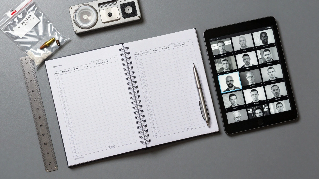 Open evidence photo log notebook next to digital photos and physical evidence items.