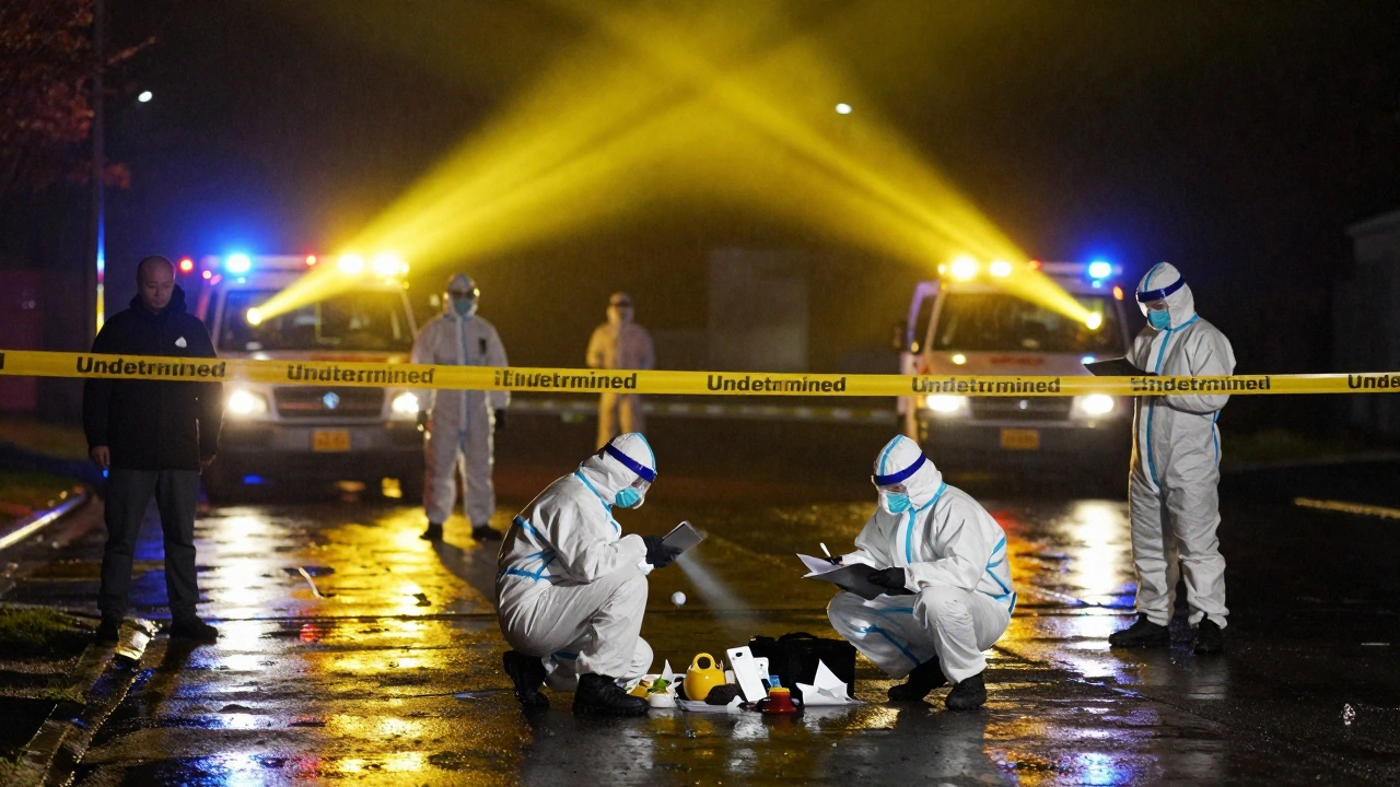 Police investigating crime scene at night under flashlights