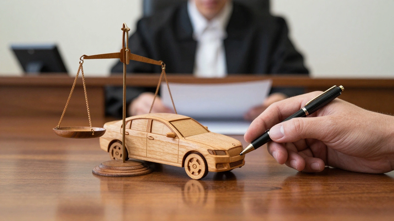 Scale model of accident scene on courtroom table with judge watching