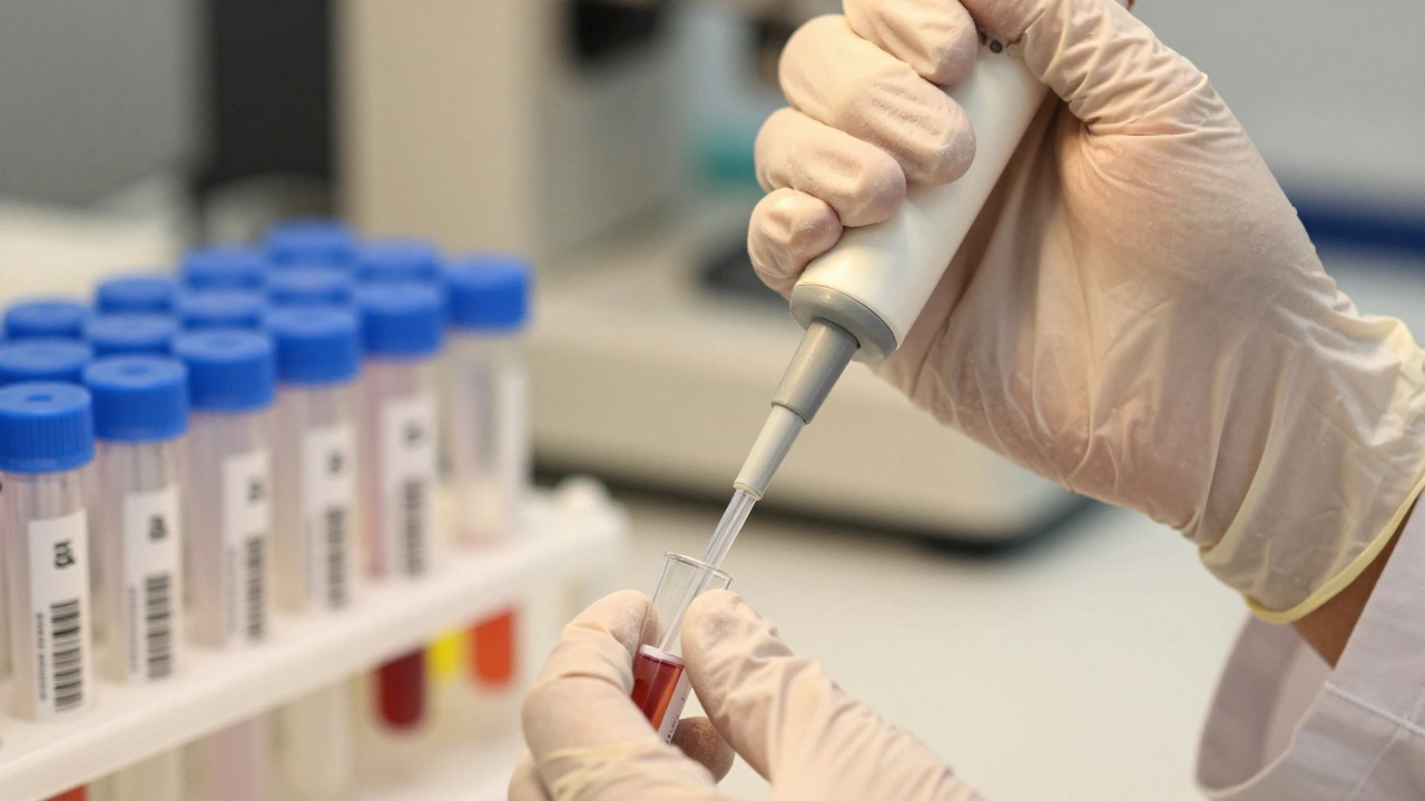 Scientist using pipette with nitrile gloves for sample prep