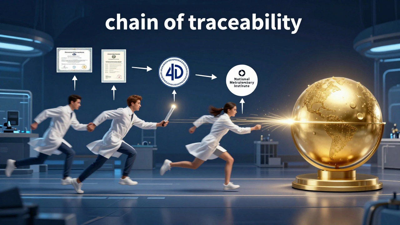 Scientists passing a glowing baton representing the traceability chain