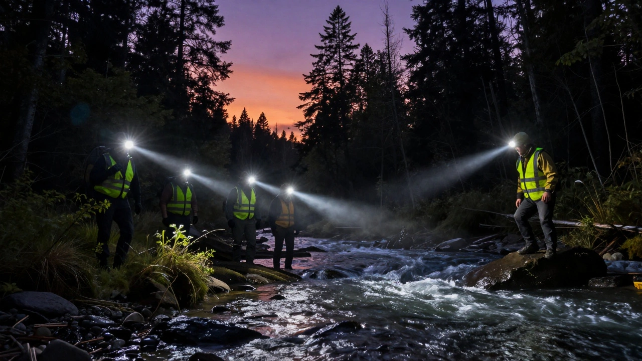Search team scanning dangerous wilderness terrain near a river at dusk