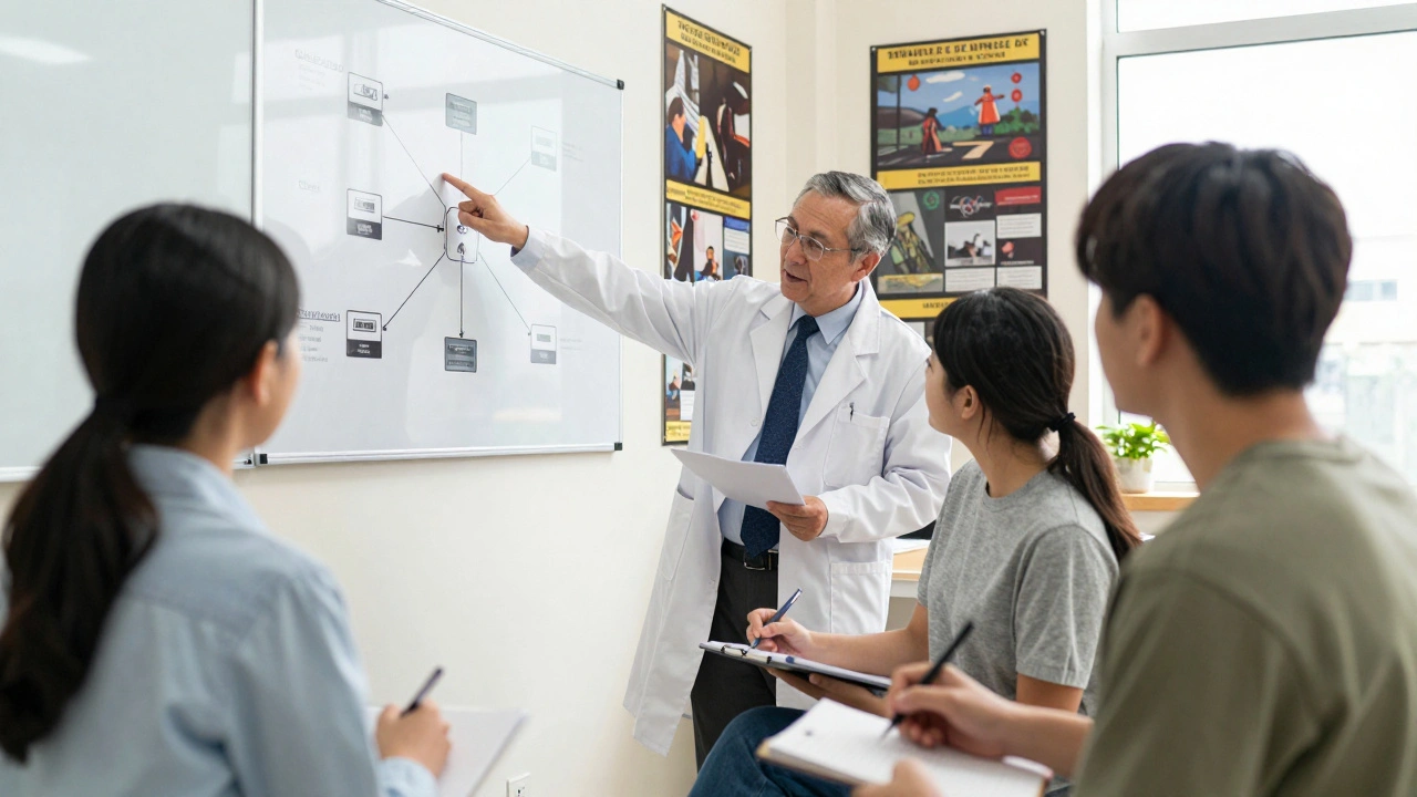 Senior expert mentoring trainees in a forensic classroom setting