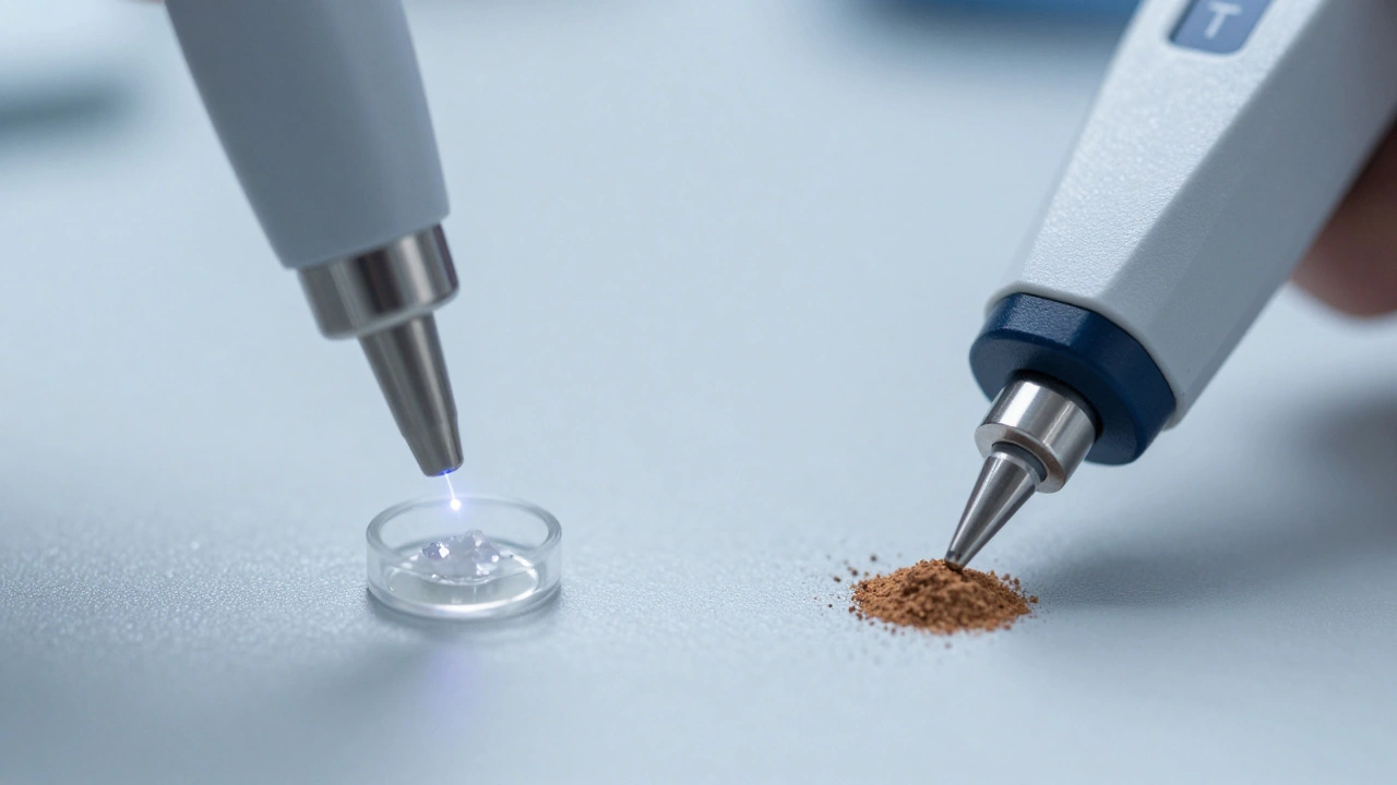 Side-by-side comparison of Raman and FTIR spectroscopy probes analyzing samples