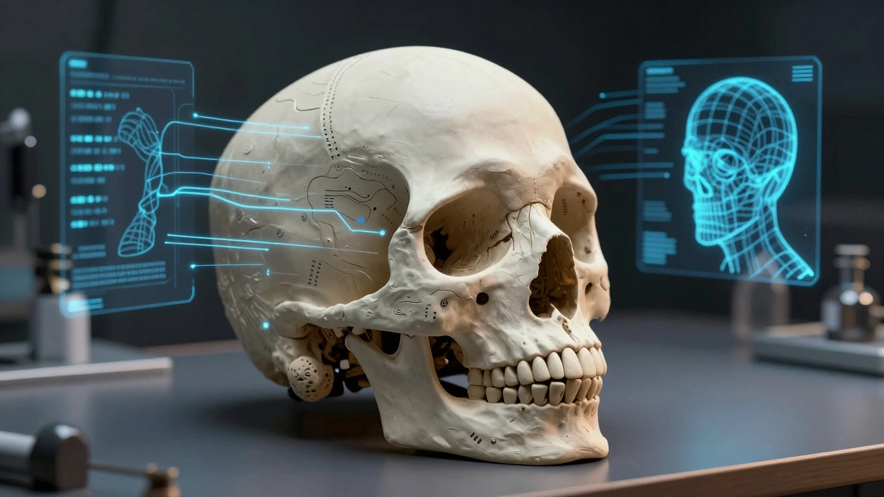 Skull with holographic 3D facial reconstruction data