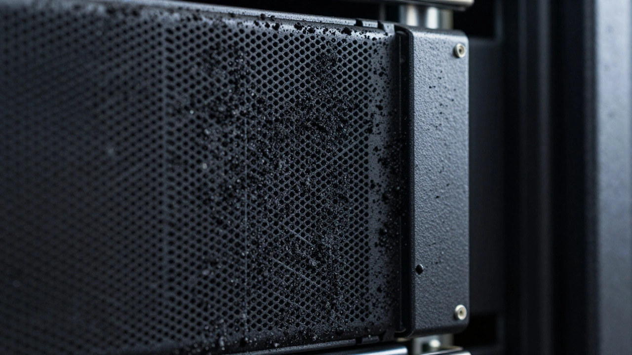 Soot accumulation on server intake panels indicating airflow
