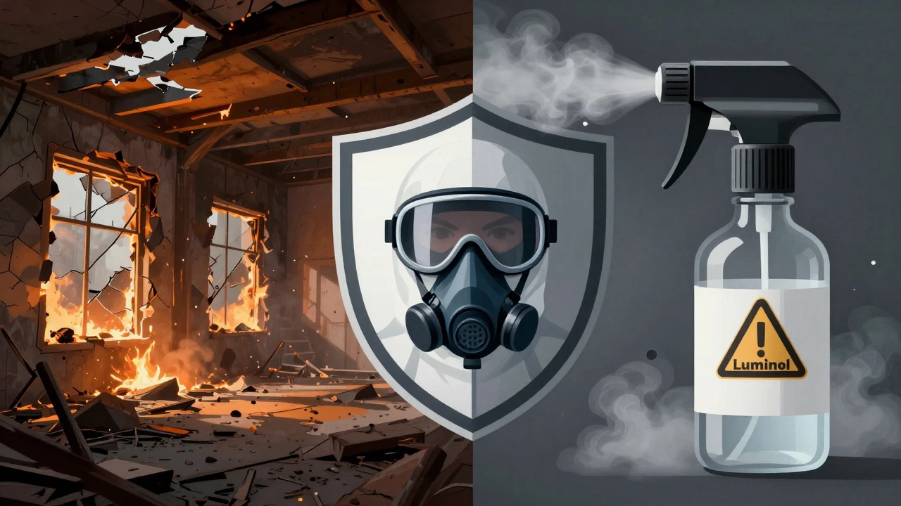 Split image showing unstable structure and chemical spray risks with PPE shield