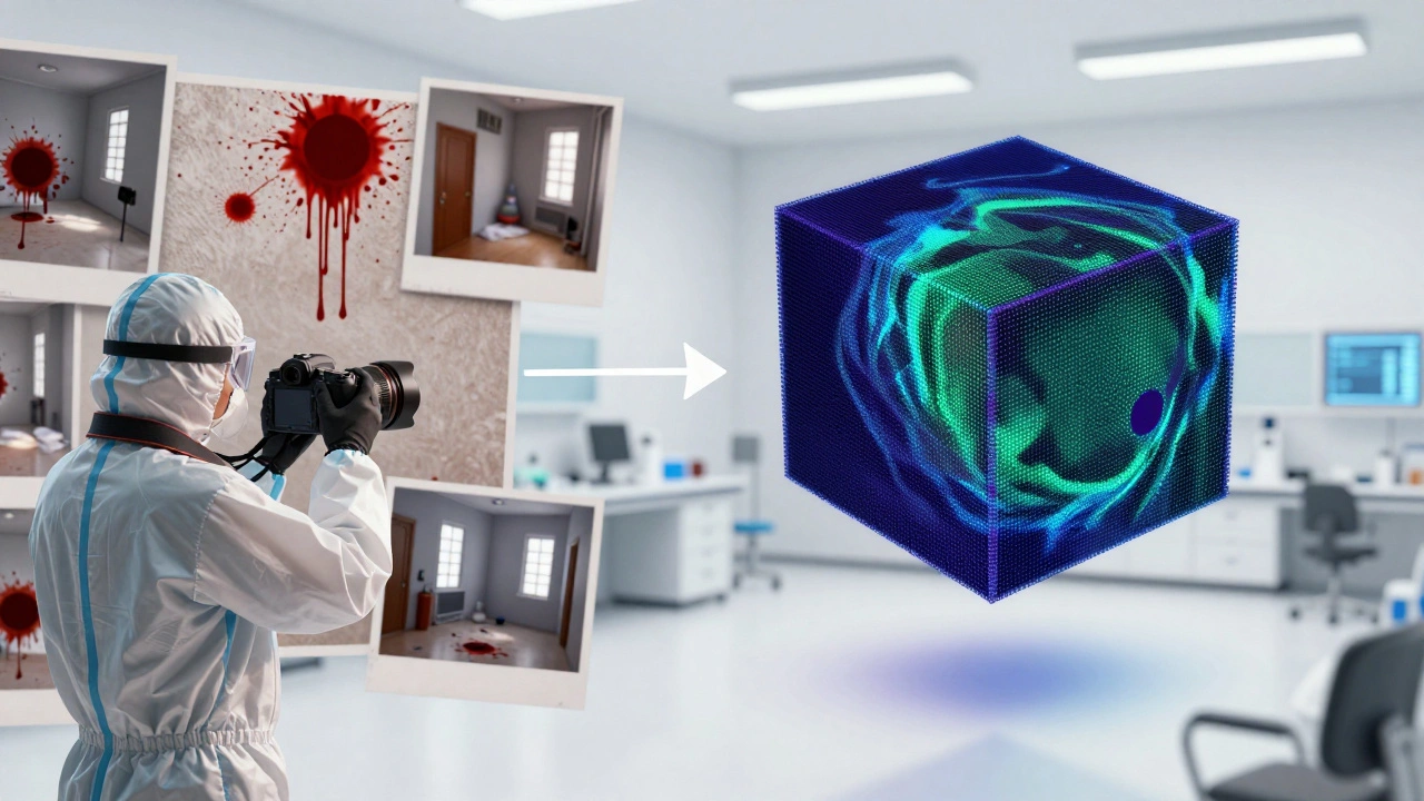 Split view of physical crime scene and 3D digital model