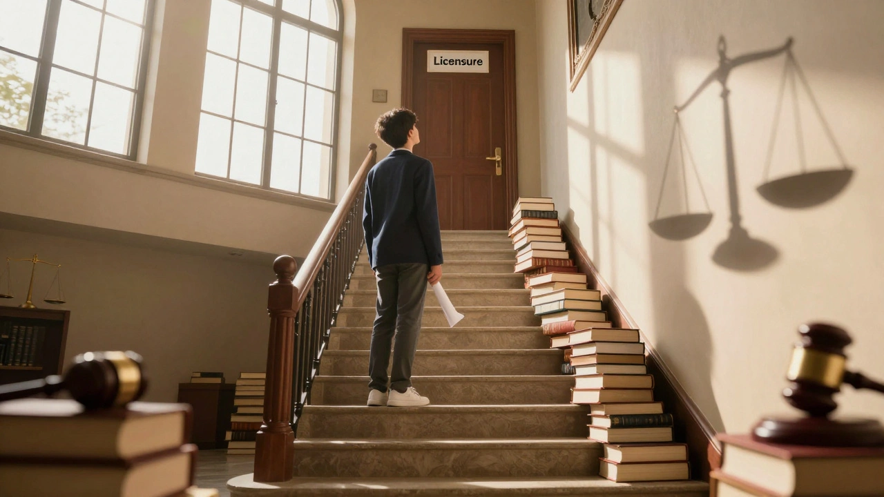 Student climbing a library staircase symbolizing the rigorous education path for licensure.