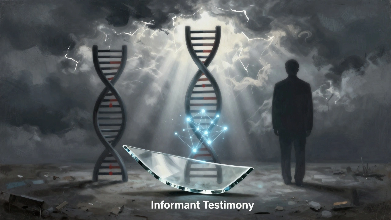 Symbolic art showing evidence supporting informant testimony