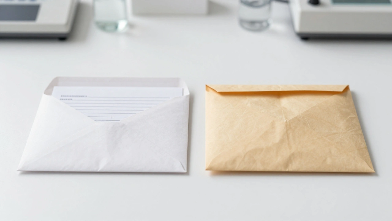 Symmetrical evidence envelopes on a white lab table