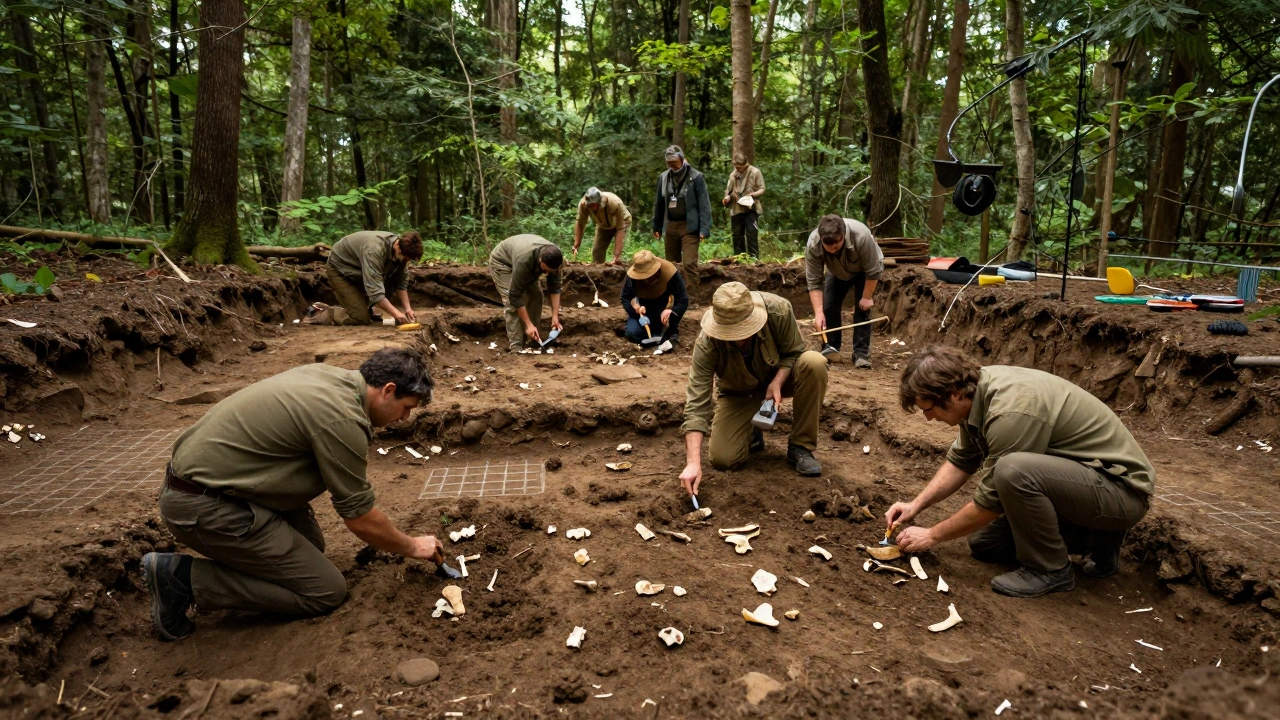 Team excavating skeletal remains in a forest setting