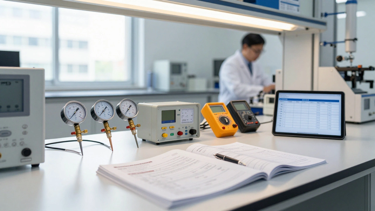 Technician organizing calibrated instruments on a clean laboratory workbench.