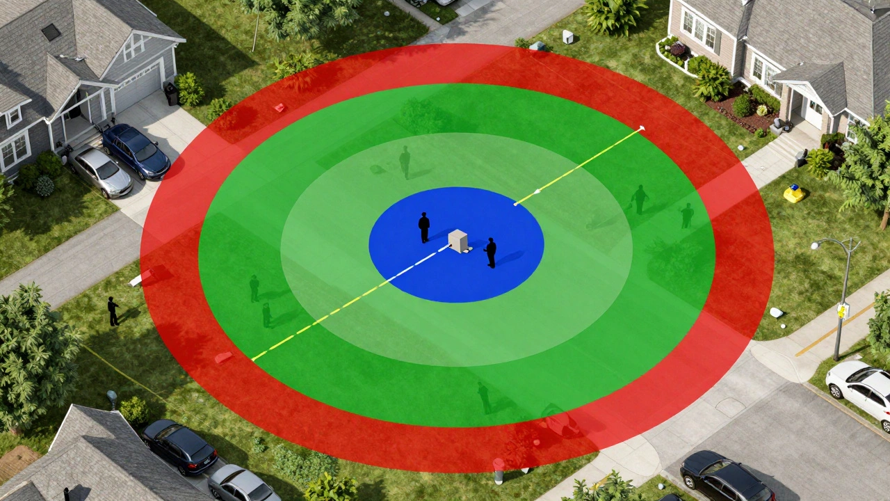 Top-down diagram showing three concentric perimeter layers around a crime scene
